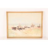 German Grobe (1857-1938) German, Ships waiting at the beach, gouache, image 50 cm x 36.5 cm, framed 