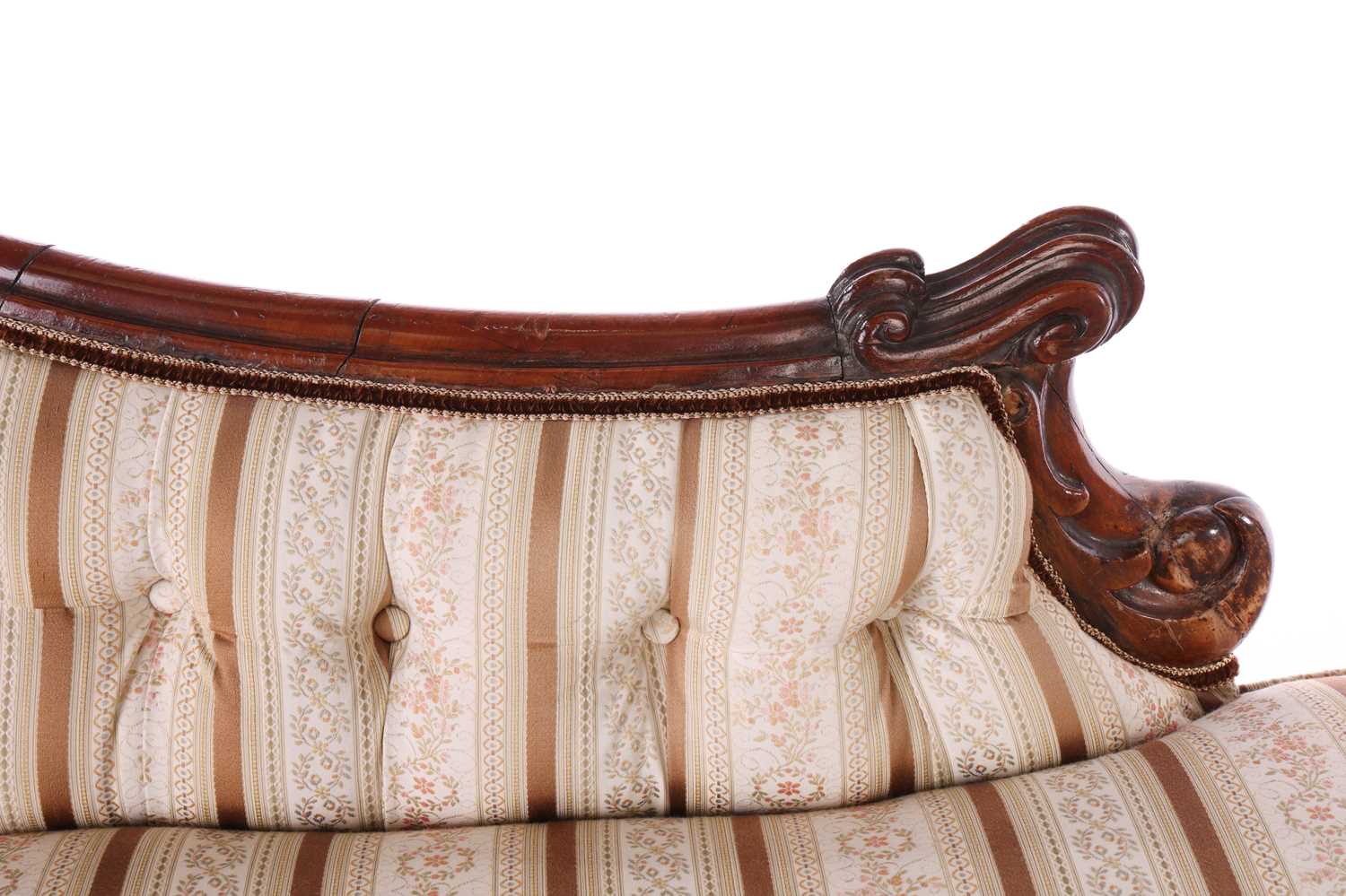 A 19th-century mahogany framed upholstered day-bed, alongside an armchair with floral patterned upho - Image 3 of 5