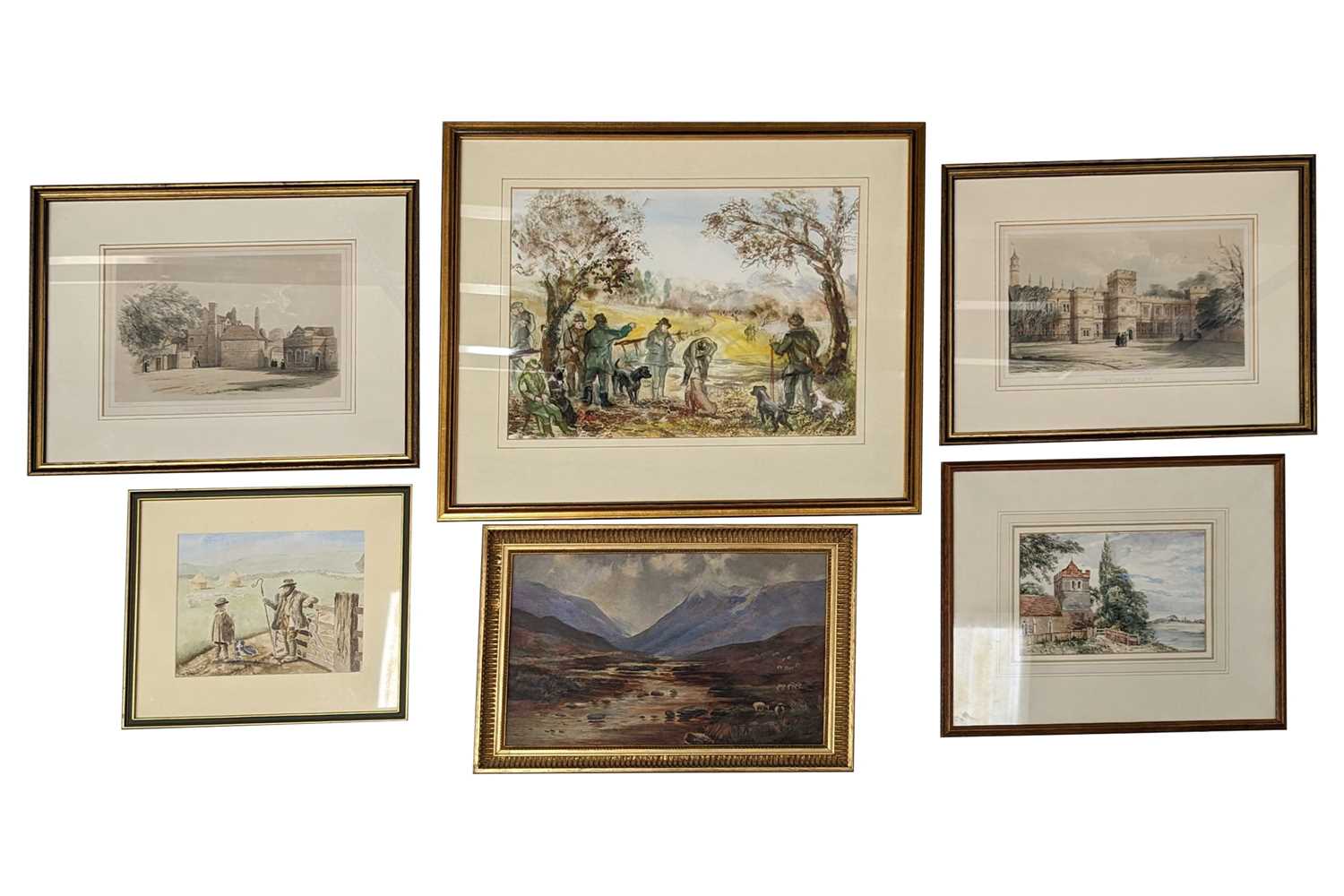A collection of six decorative watercolours, oil and prints comprising two scenes of Eton College, a