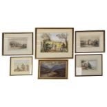 A collection of six decorative watercolours, oil and prints comprising two scenes of Eton College, a