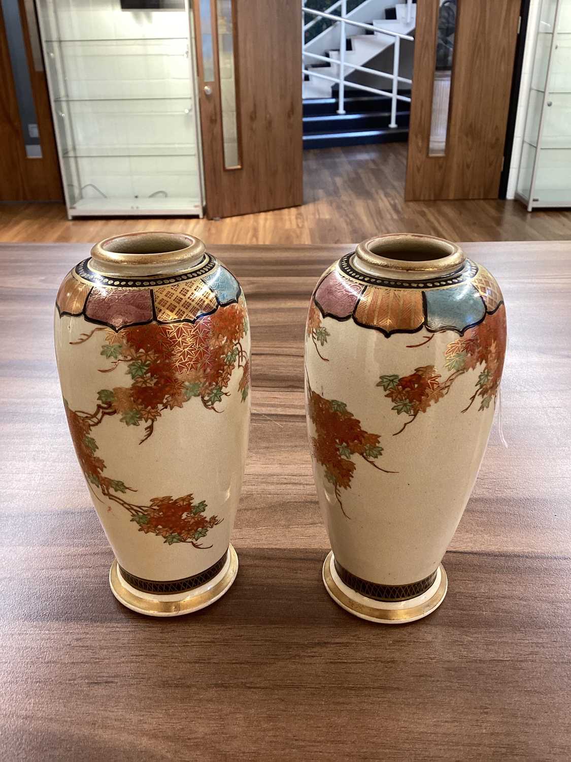 Two graduated pairs of Meiji period Japanese Satsuma vases, decorated with a wisteria motif, the lar - Image 7 of 16