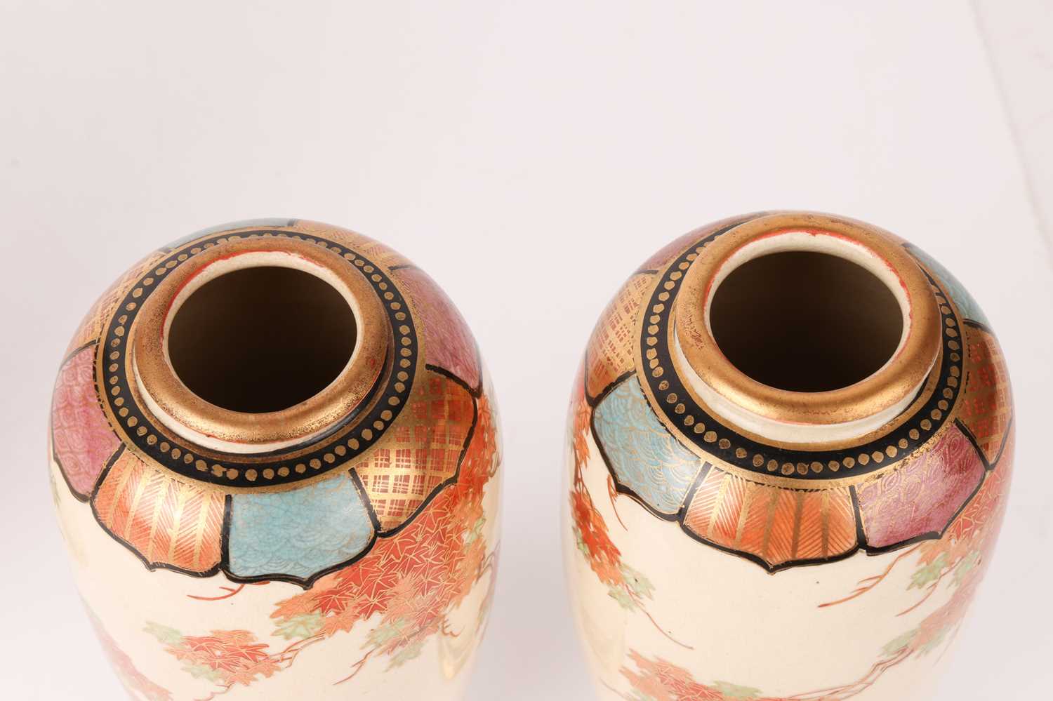 Two graduated pairs of Meiji period Japanese Satsuma vases, decorated with a wisteria motif, the lar - Image 2 of 16