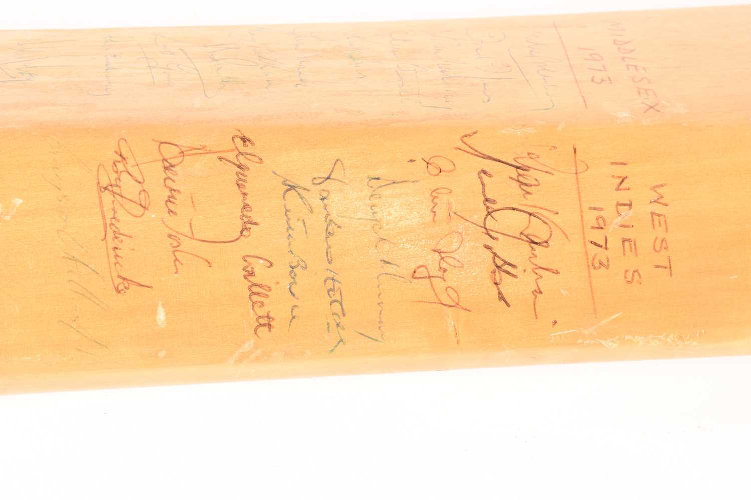 A 1973 multi-signed cricket bat, bearing the signatures of the England, West Indies, New Zealand and - Image 4 of 10