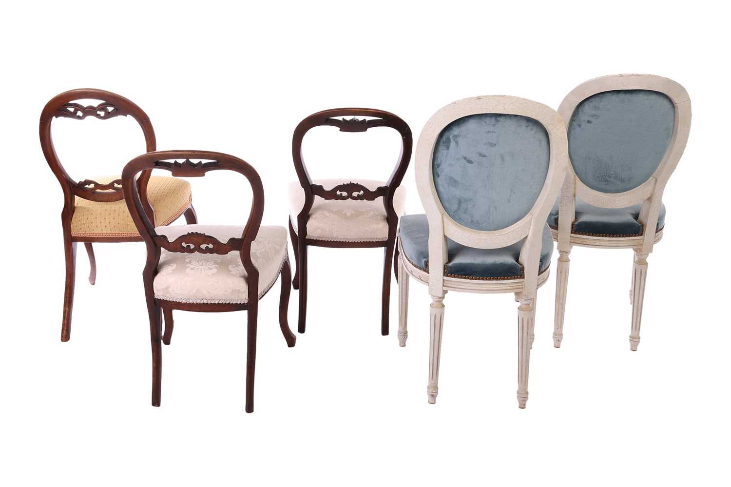 A pair of 20th-century French salon chairs, with blue plush upholstery, pin-head decoration, and pai - Image 2 of 7