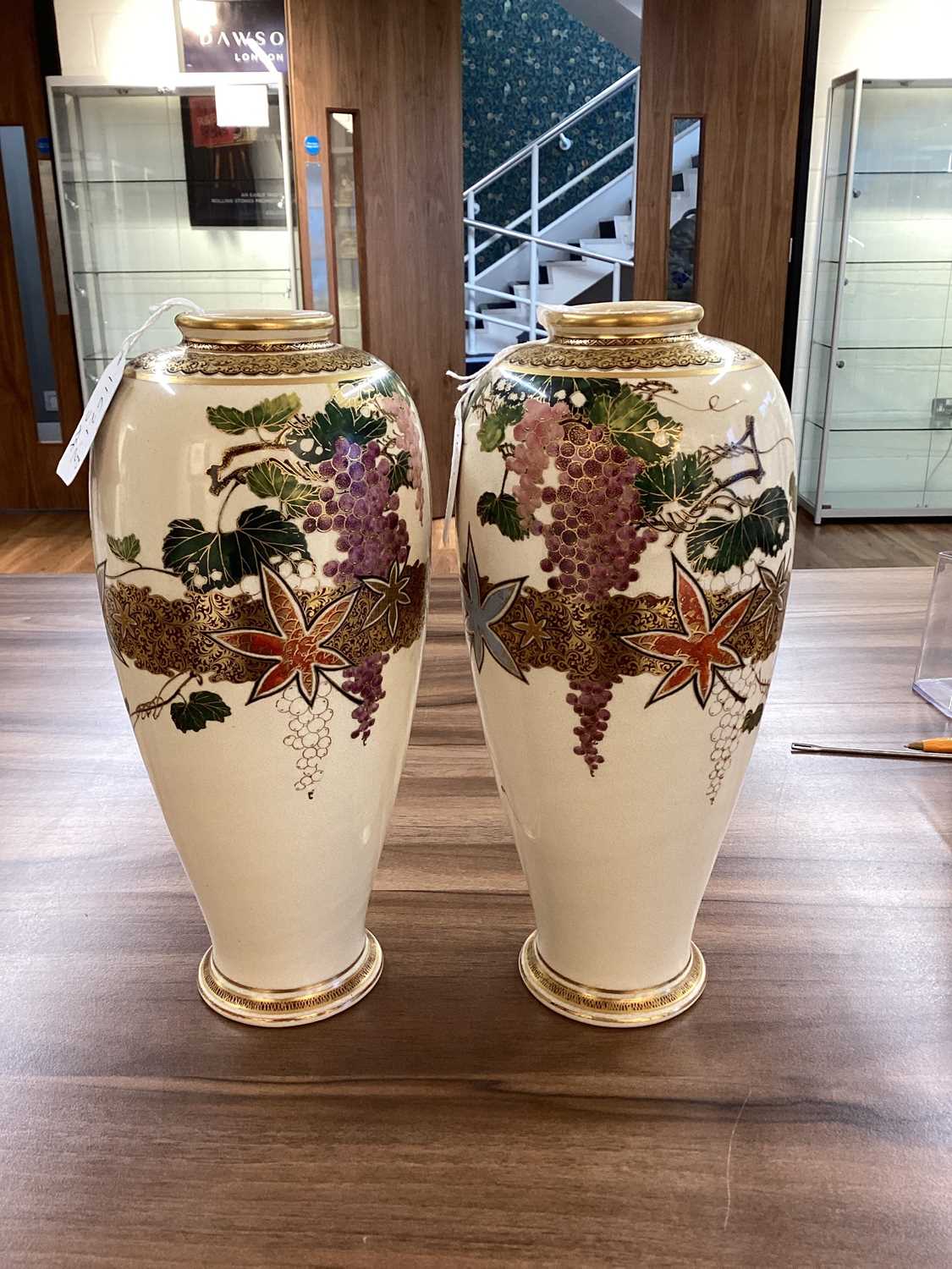 Two graduated pairs of Meiji period Japanese Satsuma vases, decorated with a wisteria motif, the lar - Image 15 of 16