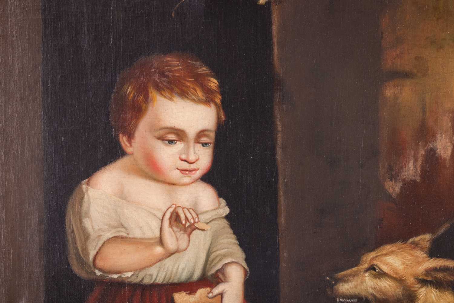 British School 19th Century, 'A young boy and his dog', unsigned, oil on canvas, image 49 cm x 69 cm - Image 5 of 9