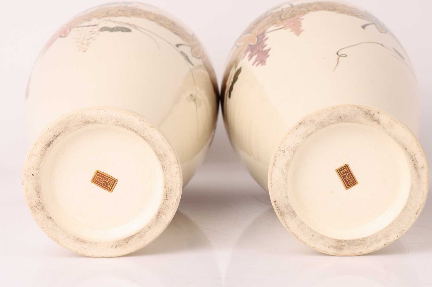 Two graduated pairs of Meiji period Japanese Satsuma vases, decorated with a wisteria motif, the lar - Image 4 of 16