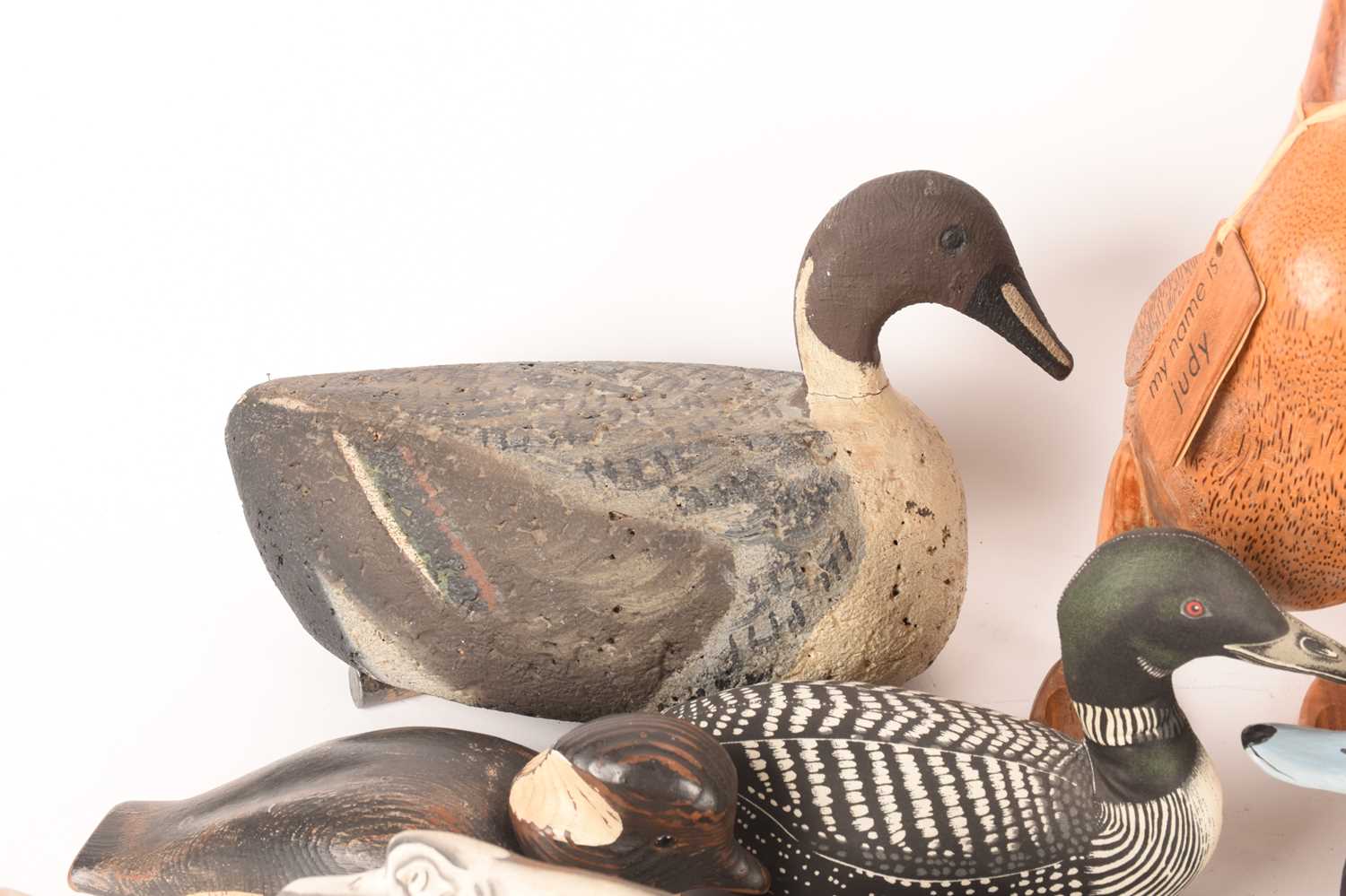 A large collection of duck figures of varying forms, materials, ages, and makes, 15 total, the large - Image 5 of 9