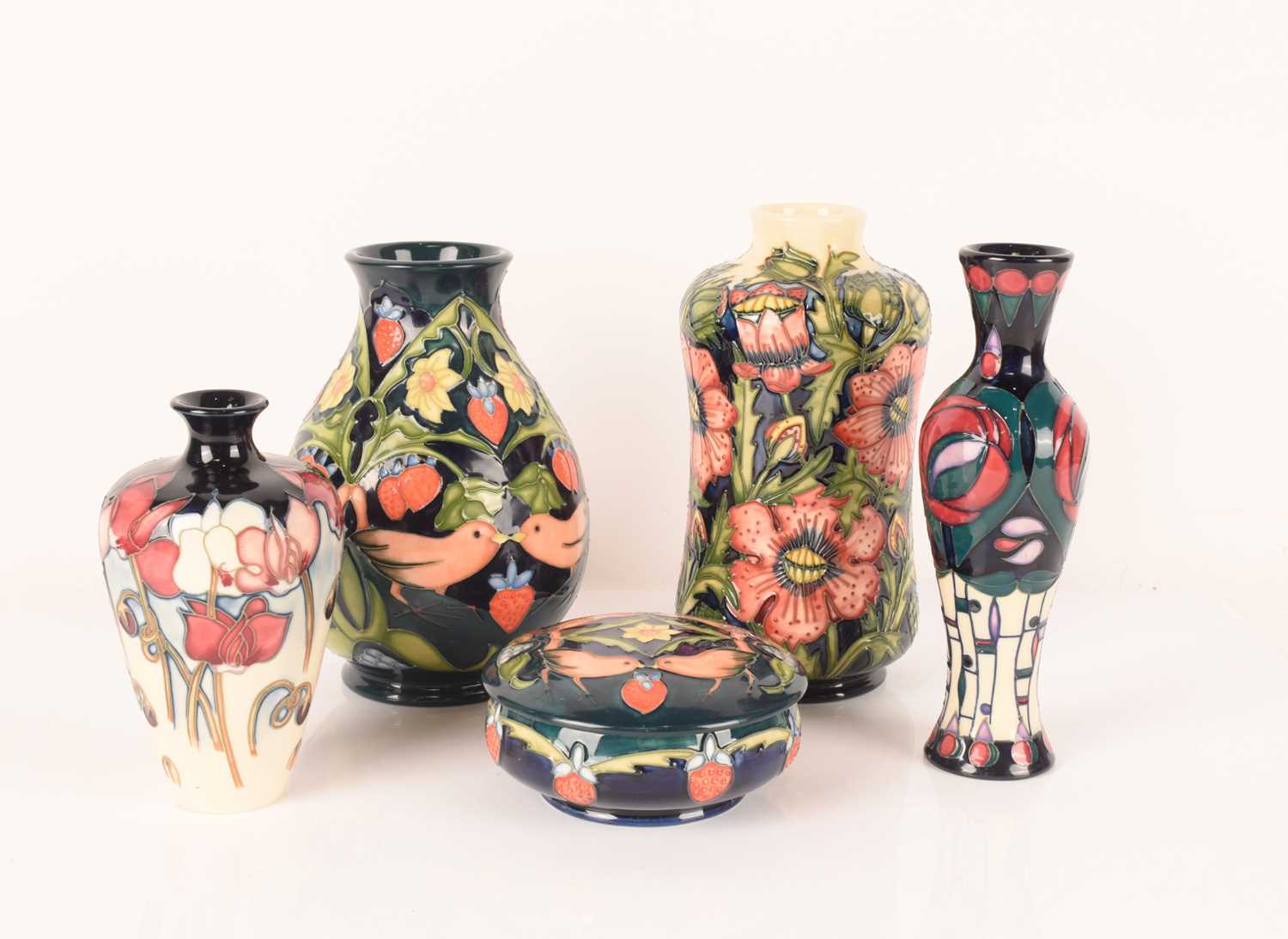 Five Moorcroft pieces comprising of a Tribute to Charles Rennie Mackintosh vase by Rachel Bishop, 20