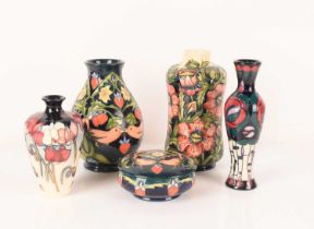 Five Moorcroft pieces comprising of a Tribute to Charles Rennie Mackintosh vase by Rachel Bishop,
