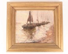 German Grobe (1857-1938), Four moored ships, oil on canvas mounted on board, image 33 cm x 39 cm, fr