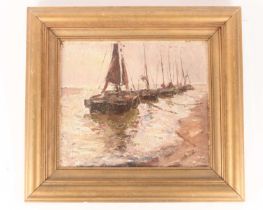 German Grobe (1857-1938), Four moored ships, oil on canvas mounted on board, image 33 cm x 39 cm,