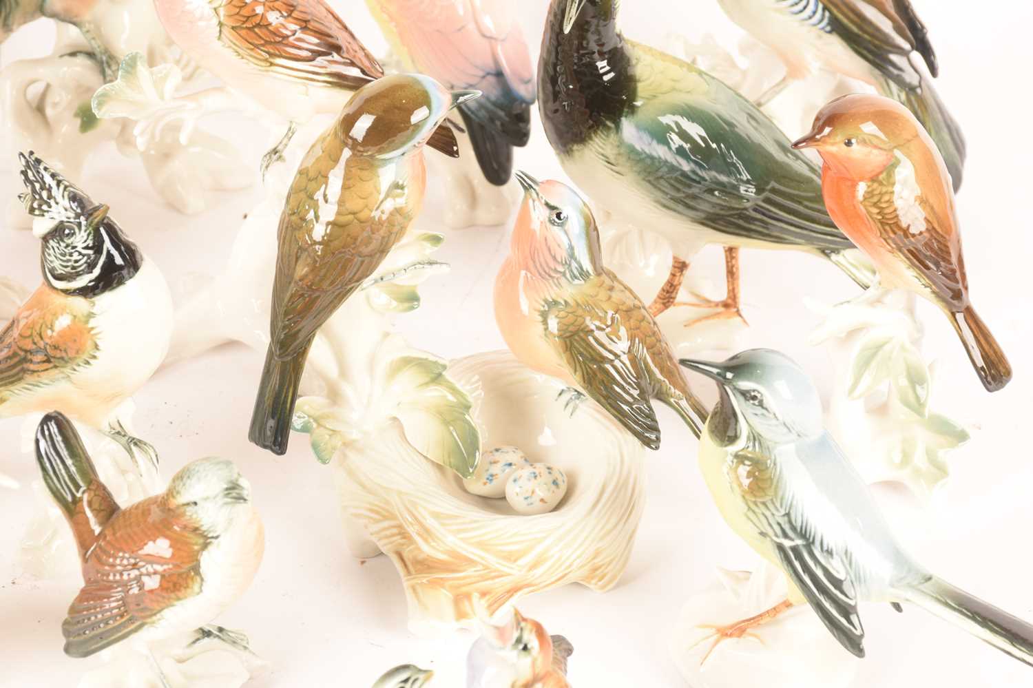 A large collection of mid-century Karl Ens porcelain bird figures comprising a Hoopoe, a pair of Blu - Image 7 of 26