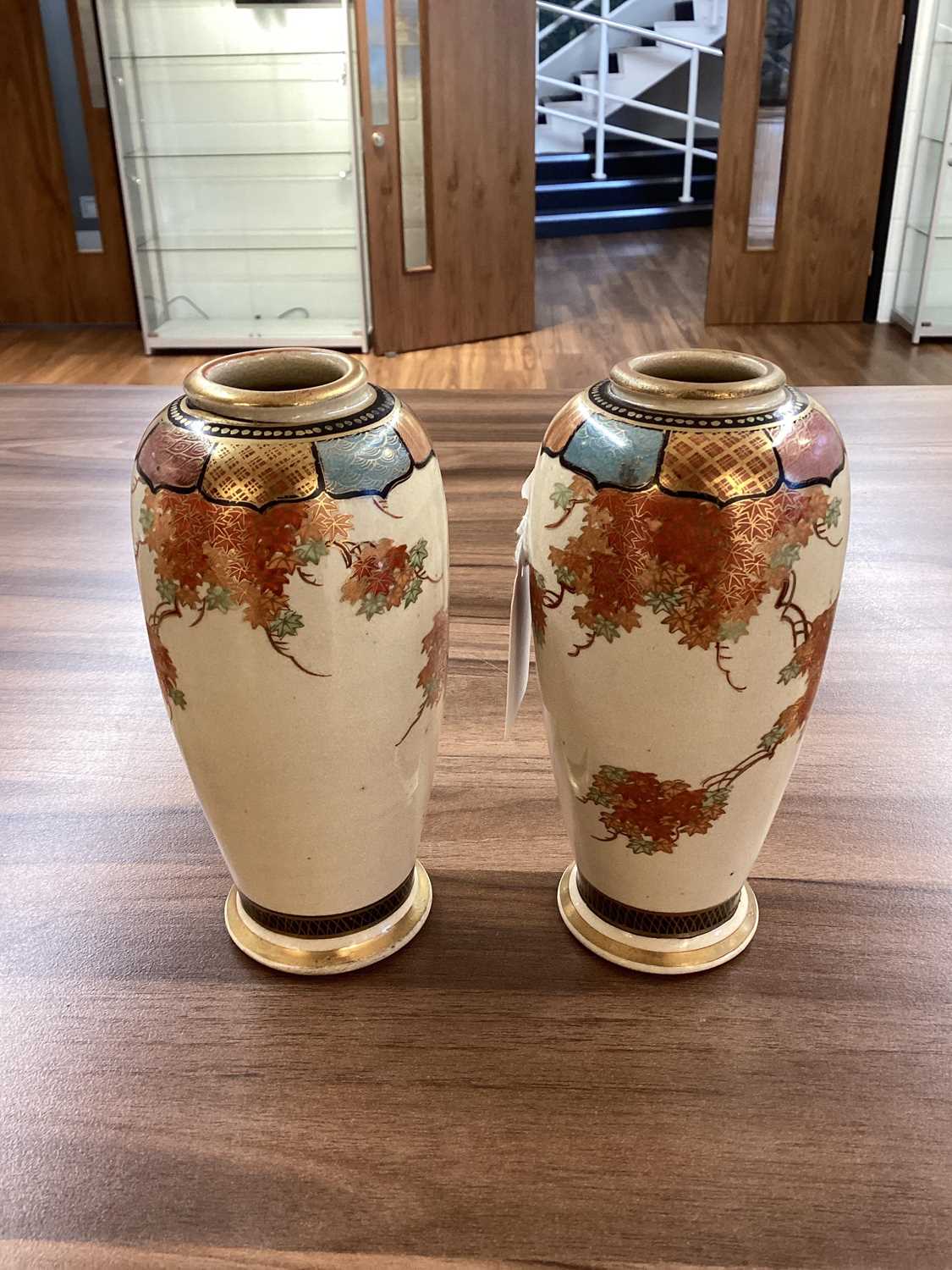Two graduated pairs of Meiji period Japanese Satsuma vases, decorated with a wisteria motif, the lar - Image 9 of 16