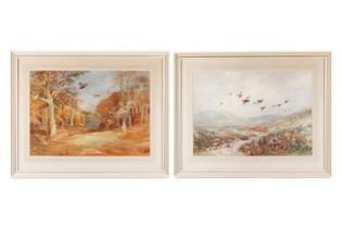 Roland Green (1890/96-1972), Pheasants in flight through a forest, Pheasants in flight over a field,