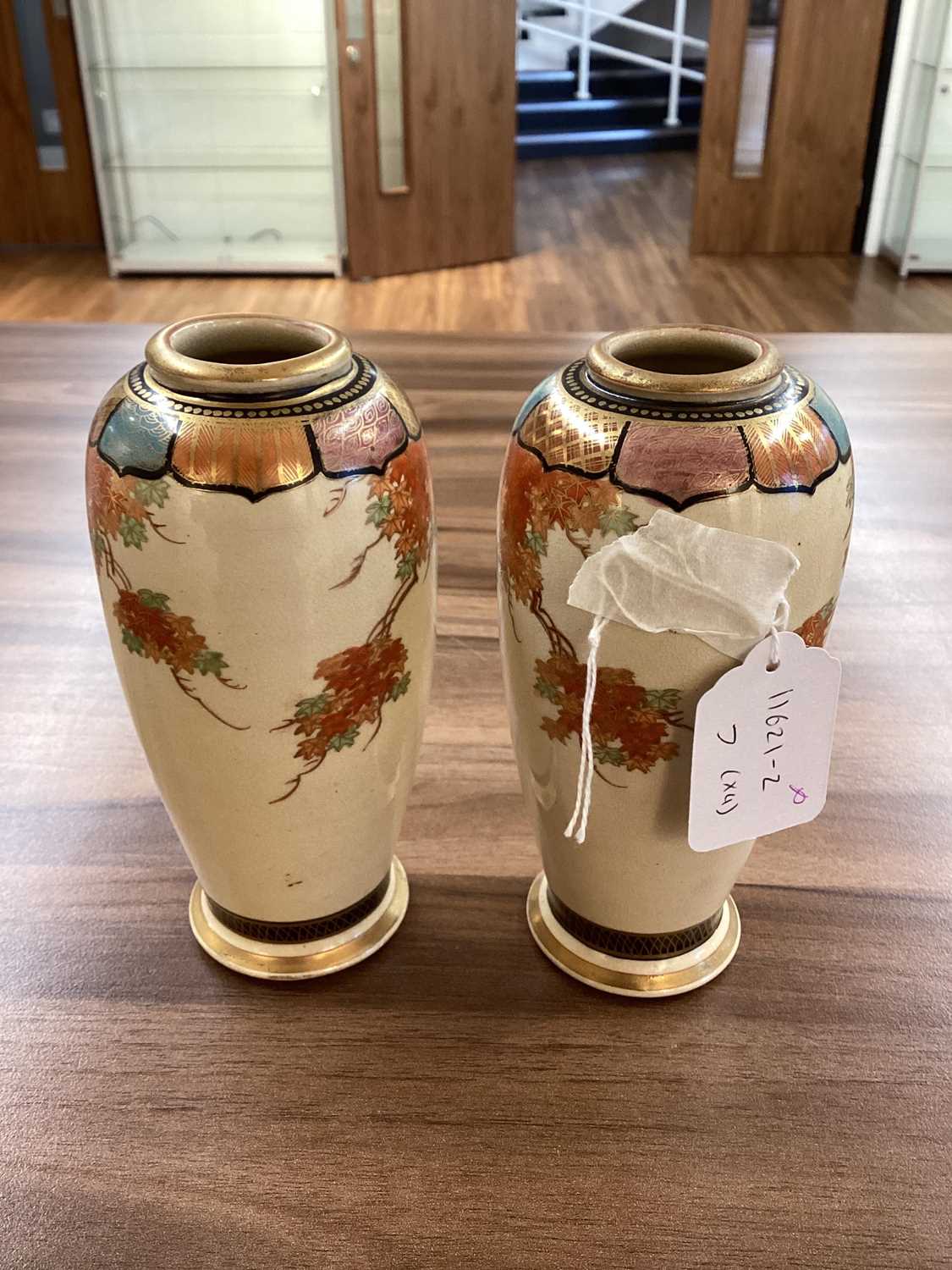 Two graduated pairs of Meiji period Japanese Satsuma vases, decorated with a wisteria motif, the lar - Image 8 of 16