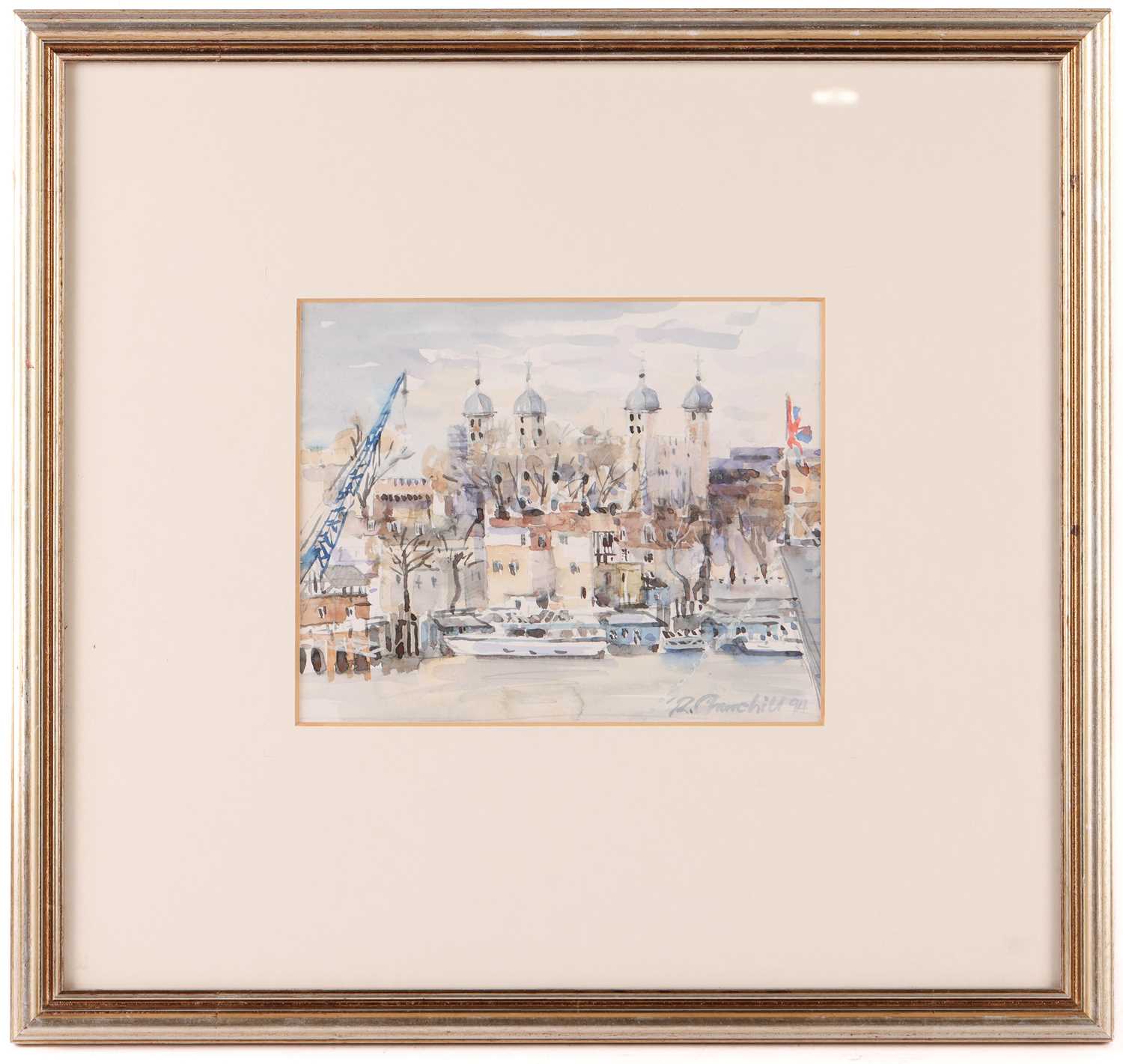 A collection of four decorative watercolours comprising of a riverside view of the Tower of London,  - Image 5 of 9