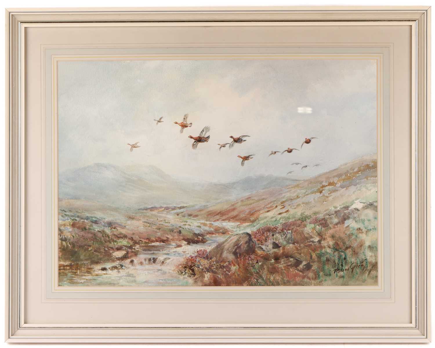 Roland Green (1890/96-1972), Pheasants in flight through a forest, Pheasants in flight over a field, - Image 2 of 5