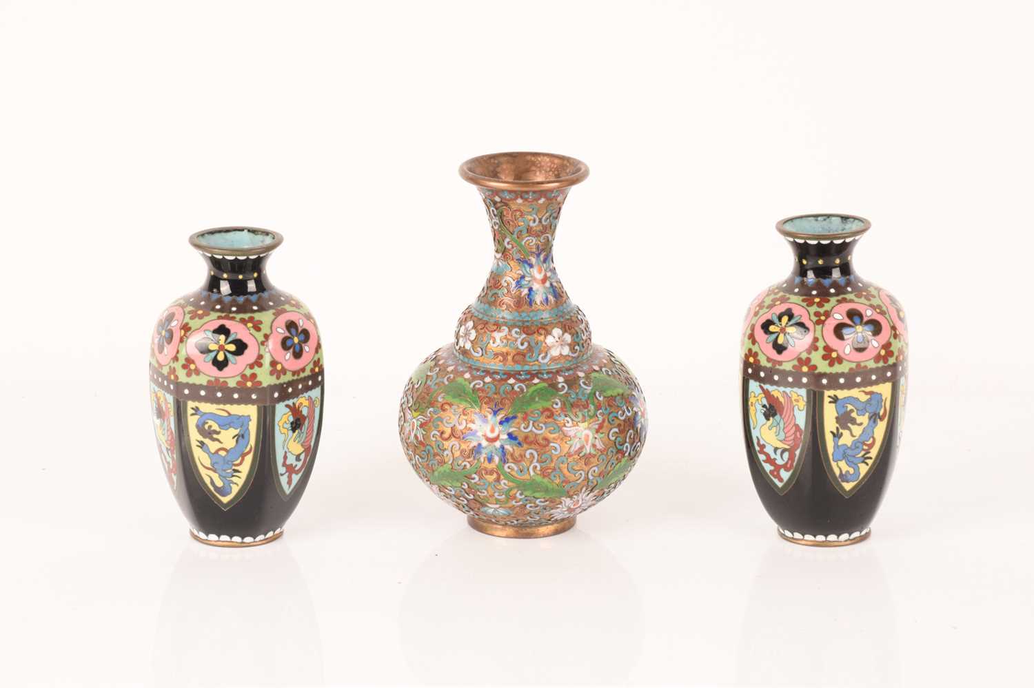 A 20th-century Chinese cloisonne and champleve enamel vase with polychrome enamel scrolls and foliag