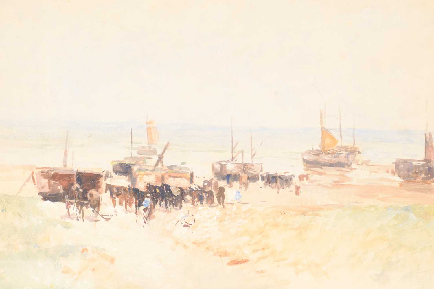 German Grobe (1857-1938) German, Ships waiting at the beach, gouache, image 50 cm x 36.5 cm, framed  - Image 2 of 3