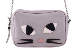 Lulu Guinness - an 'Amber' Kooky Cat crossbody bag in grey leather, square body with zip fastening, 