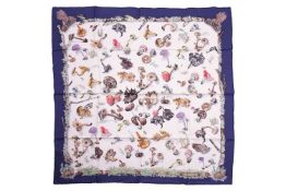 Hermès - 'Champignons Mushrooms' silk square scarf on a white ground with navy border, designed by F