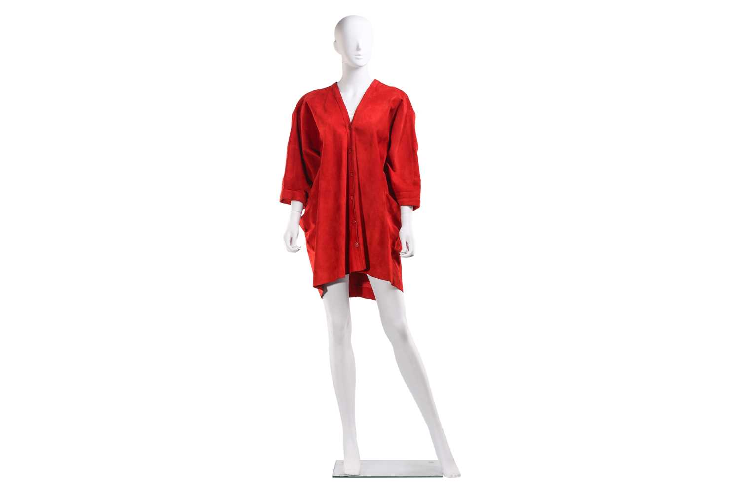 Jean Muir - an oversized bright red suede leather jacket with side pockets, size UK8; a black rayon  - Image 5 of 17