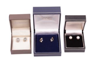 Three pairs of earrings including a pair of 18ct bi-colour gold spiral stud earrings, each set