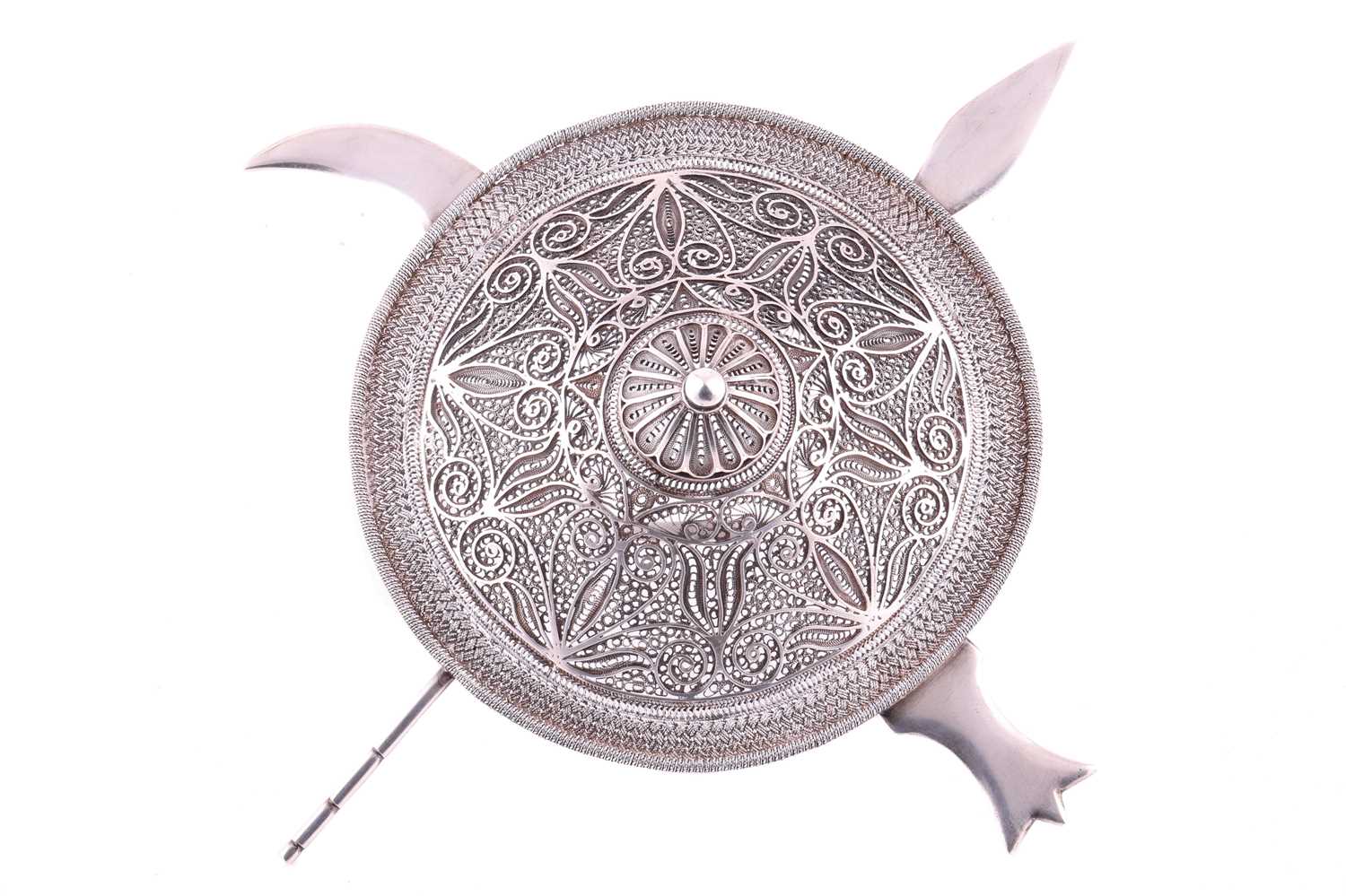 An Arabic presentation shield, spear and sword, featuring a domed circular shield with filigree deco - Image 2 of 4