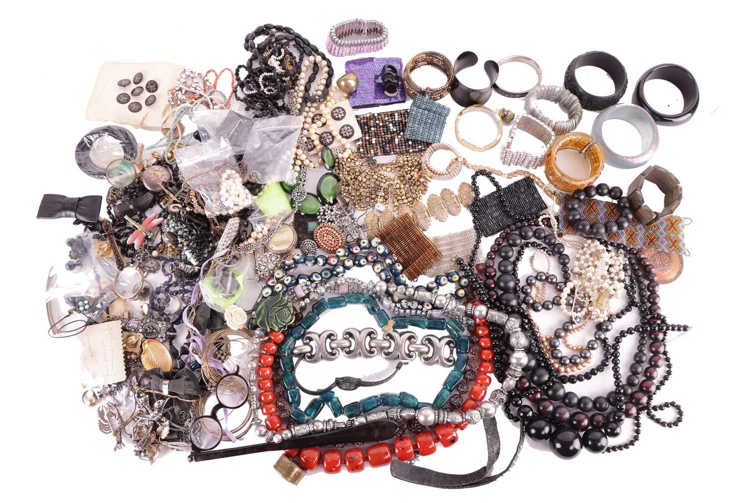 A large quantity of mainly period costume jewellery. To include items of jet with other beaded and c