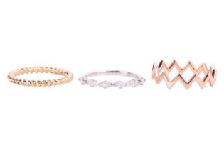 Two wedding bands and a diamond-set ring; the first is in a zig-zag design plain band in 18ct rose