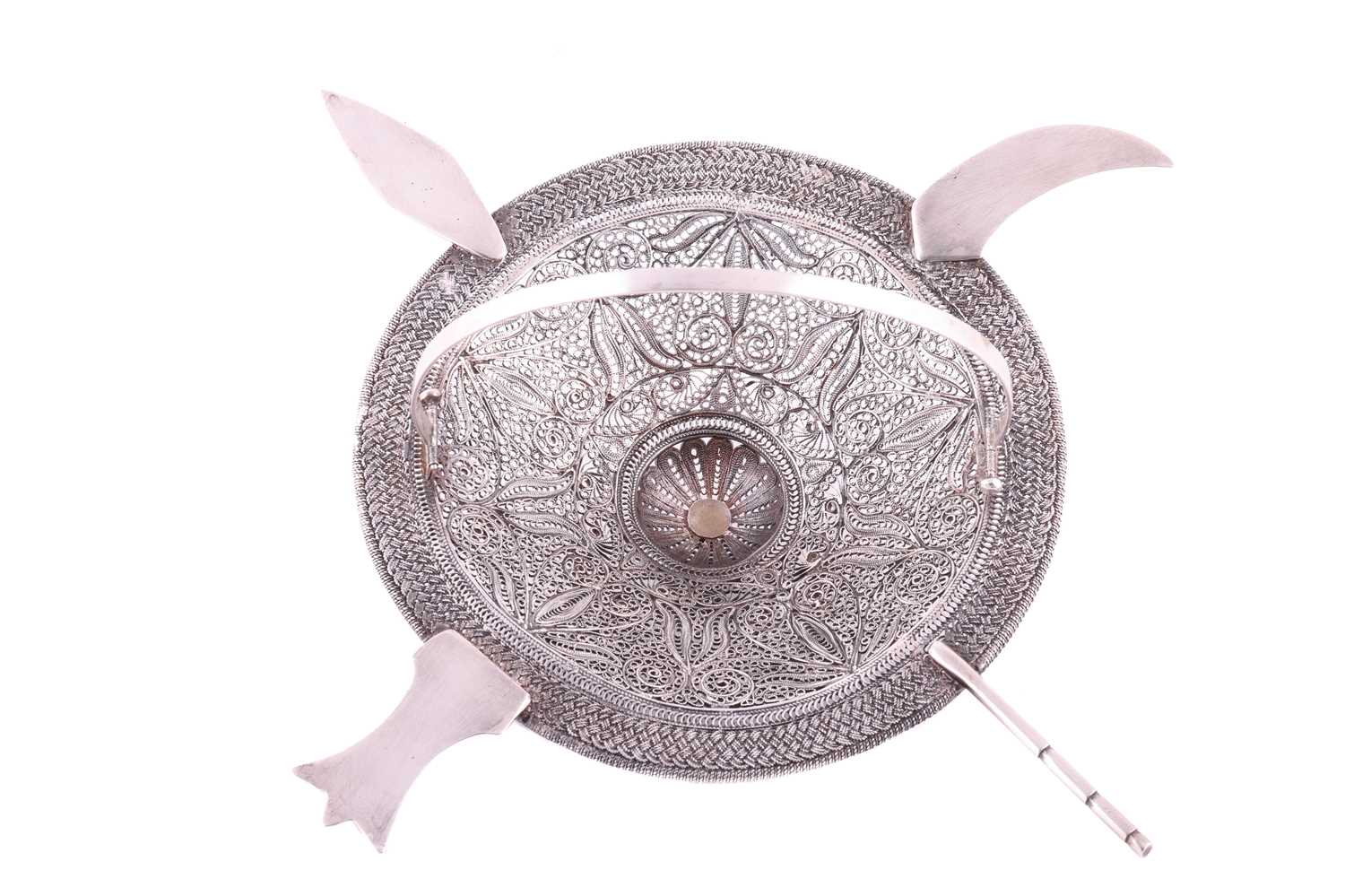 An Arabic presentation shield, spear and sword, featuring a domed circular shield with filigree deco - Image 3 of 4