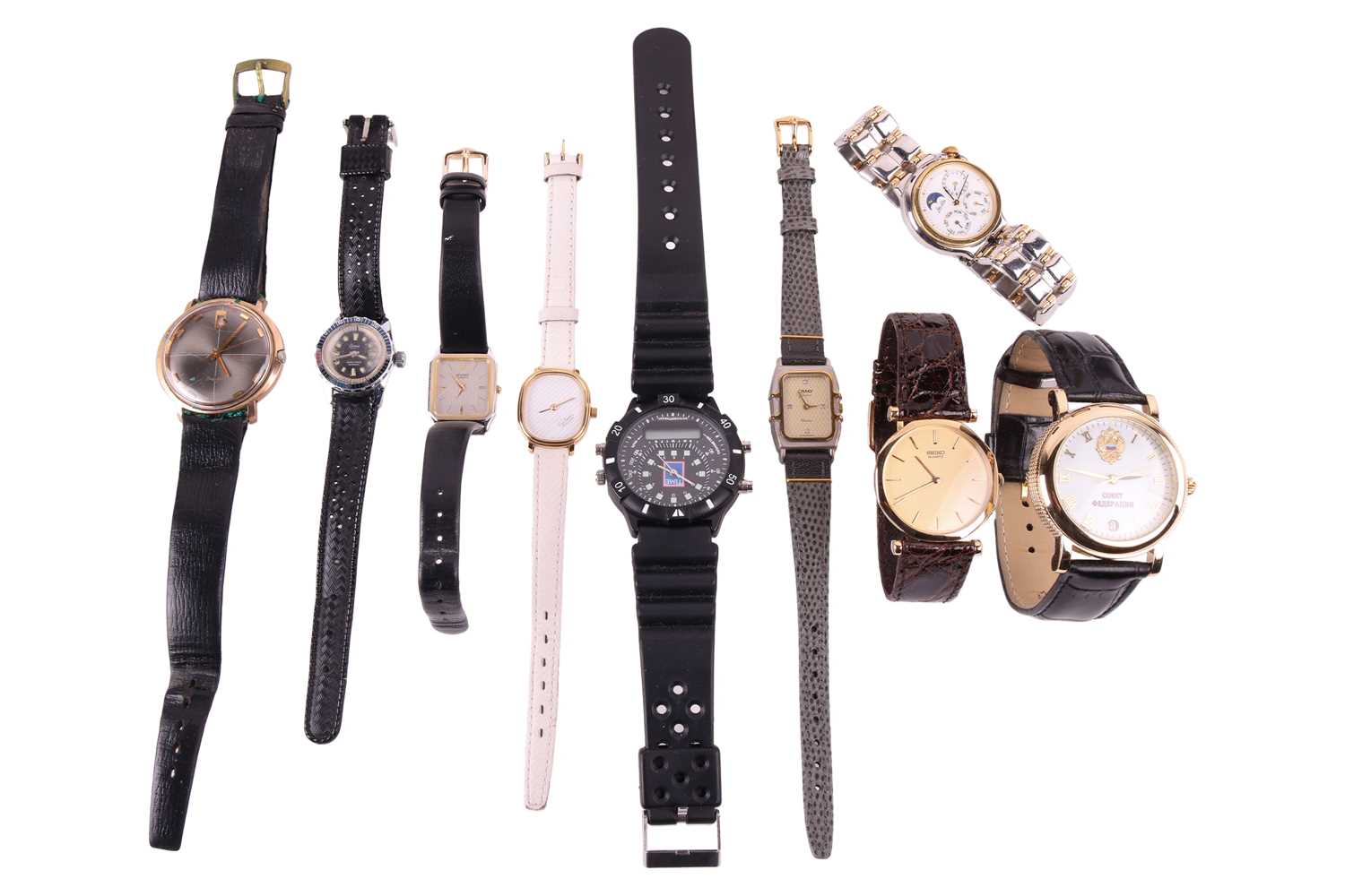 A collection of nine wristwatches, featuring a,Romanel Datostan with a 37mm and hand-wound movement.