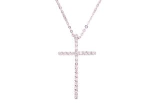 A diamond-set cross pendant on chain, pavé-set with an array of brilliant-cut diamonds, suspending