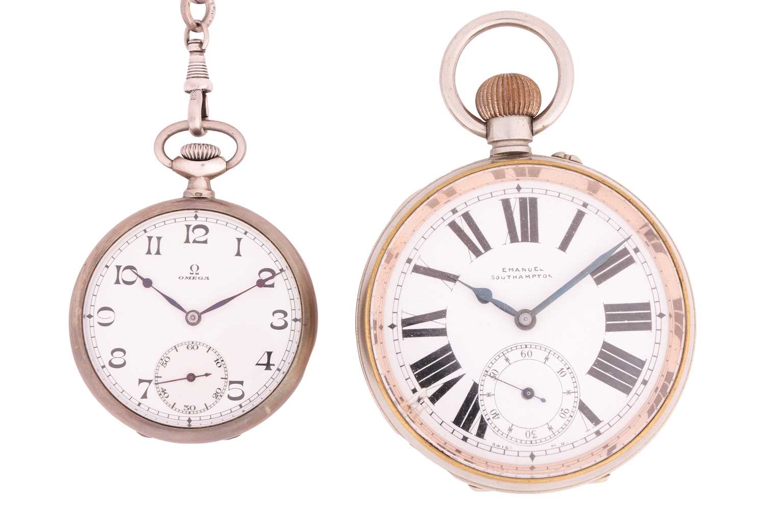 A silver pocket watch by Omega and a Goliath Emanual Southampton pocket watch.Featuring an Omega ope
