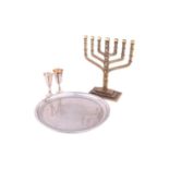 Two silver kiddush Beakers, together with a silver plate Tray and a base metal candelabrum; Two Silv