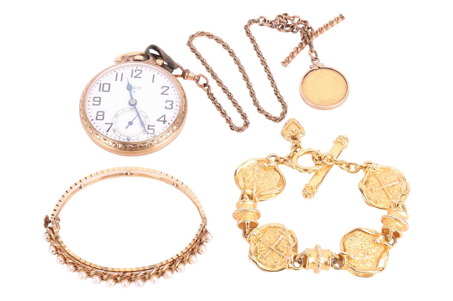 Two bracelets and a pocket watch; to include a gold-filled hinged bangle set with a row of cultured 