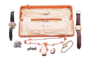 A collection of jewellery items including three vintage imitation pearl necklaces, a pair of