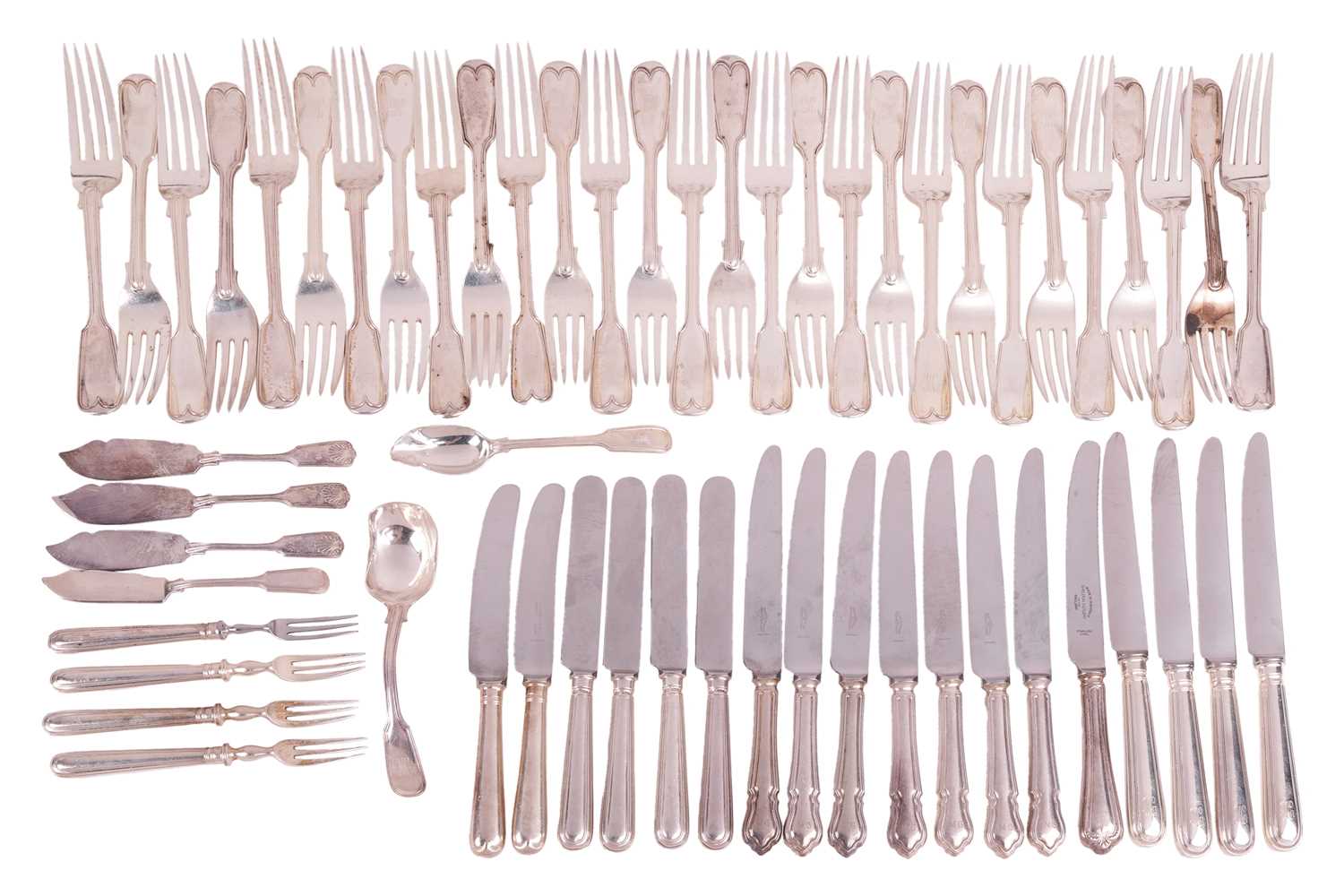 Aspreys silver flatware in fiddle and thread pattern engraved with initials, comprising twenty-nine 