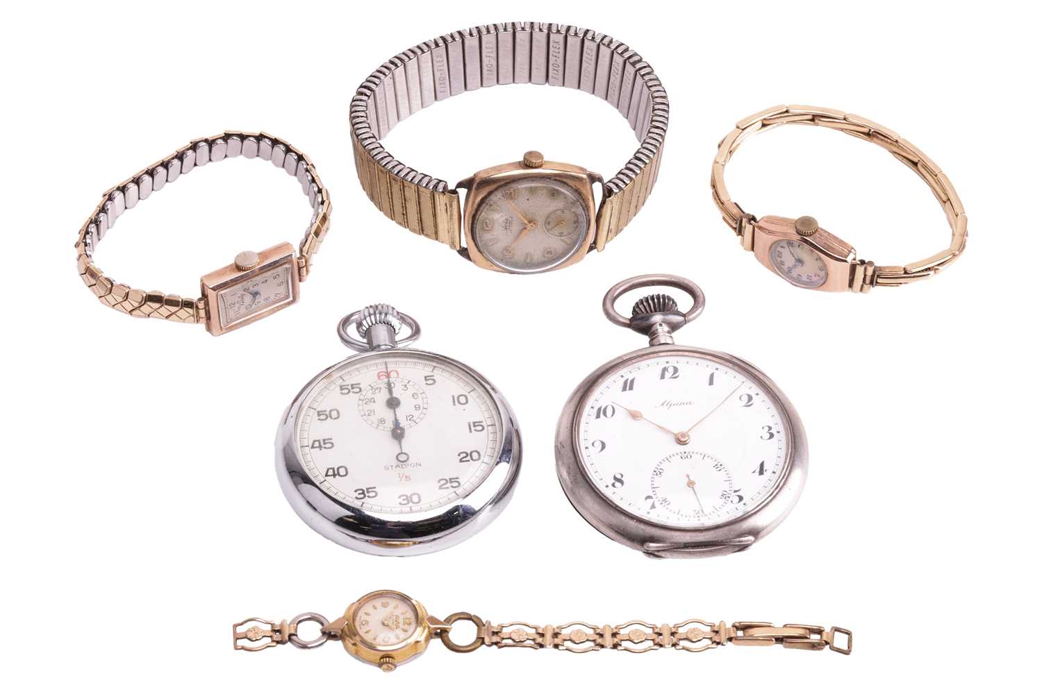 A small collection of watches including three wristwatches with 9ct gold cases and rolled gold strap