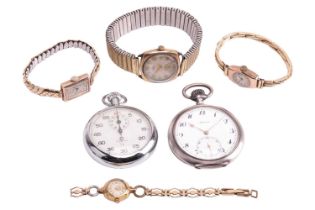 A small collection of watches including three wristwatches with 9ct gold cases and rolled gold