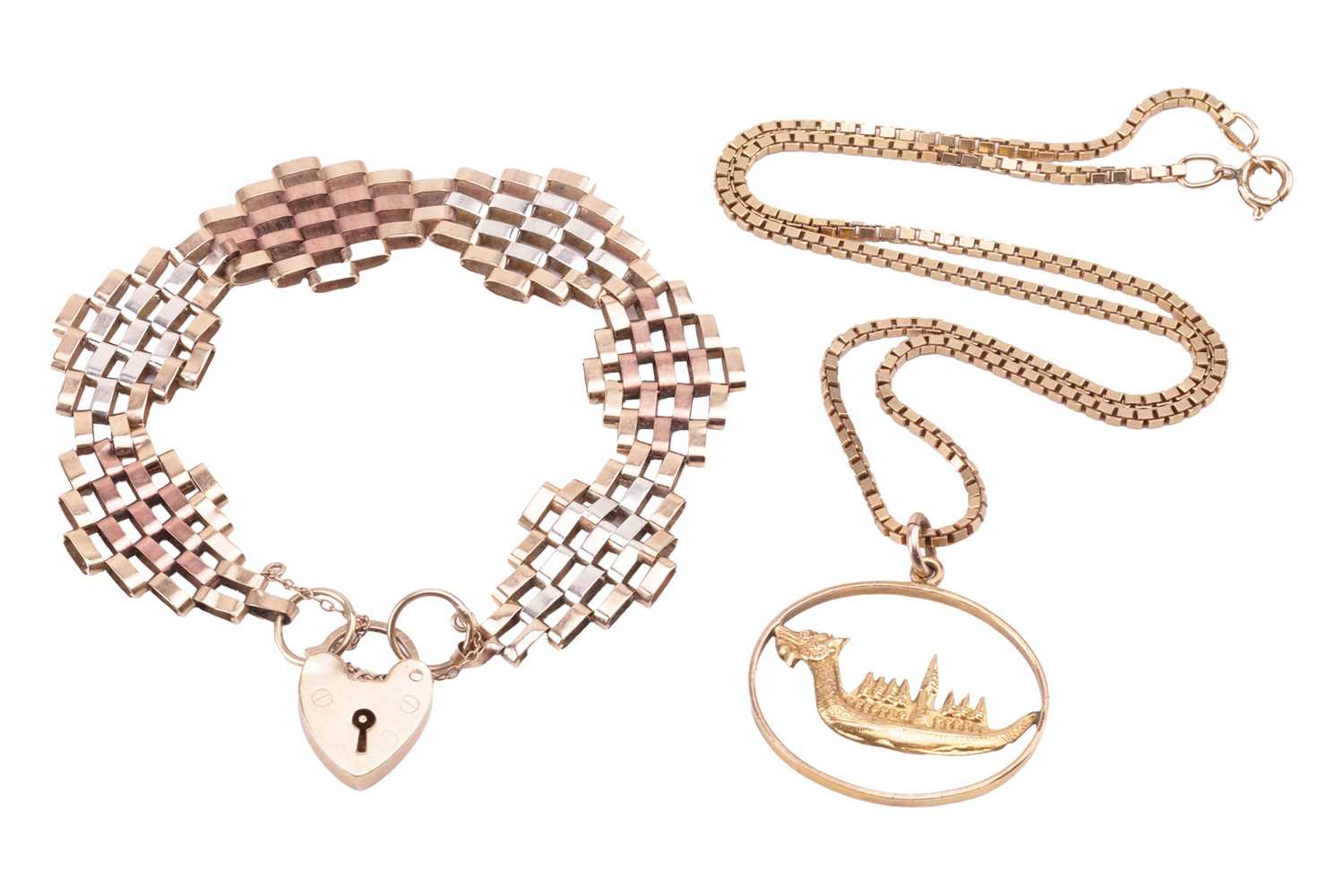 A 9ct gold gate bracelet and a pendant on chain; the bracelet constructed with three varieties of co