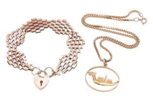 A 9ct gold gate bracelet and a pendant on chain; the bracelet constructed with three varieties of