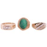 A collection of three 9ct yellow gold rings comprising a malachite-set dress ring, the malachite cab