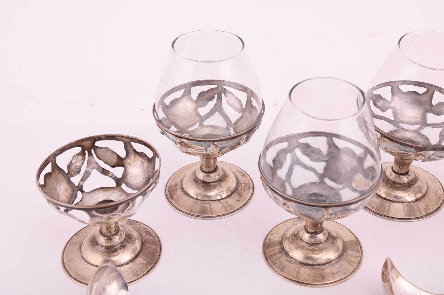 A small group of assorted souvenir spoons with enamel finials; and a set of six cordial glasses in w - Image 6 of 9