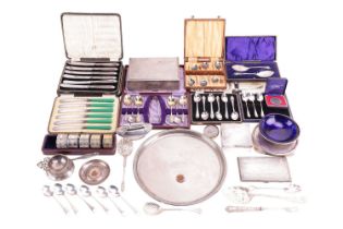 A collection of silver and silver plate; including a silver cigarette case, a cased pair of silver