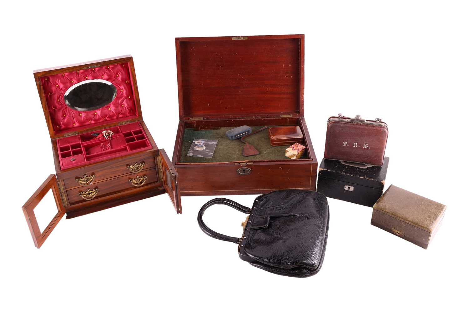 A collection of antique and vintage jewellery boxes and cases. To include two large antique wooden b