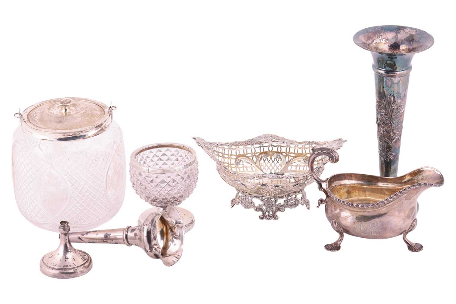 A pierced silver boat form Bonbon Dish, London 1894 by William Comyns, together with a silver mounte