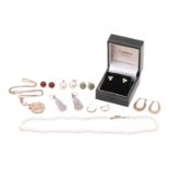 A collection of jewellery, including a pair of diamond stud earrings, each set with a trio of round 