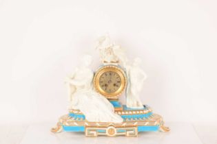 A Louis XVI-style figural porcelain cased eight-day mantle clock, painted in blue celeste and